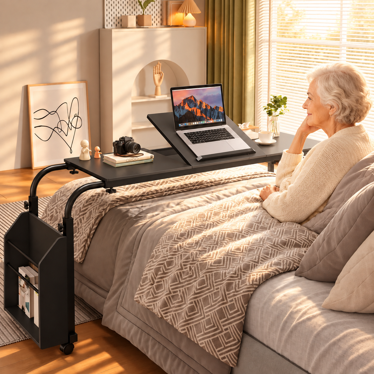 60.6–84.2 Inch Adjustable Overbed Table with Wheels, Mobile Rolling Laptop Desk with 0–65° Tilting Stand for Home & Hospital