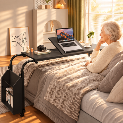 60.6–84.2 Inch Adjustable Overbed Table with Wheels, Mobile Rolling Laptop Desk with 0–65° Tilting Stand for Home & Hospital